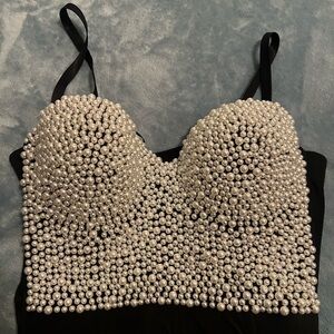 Pearl Embellished Black Bustier Top